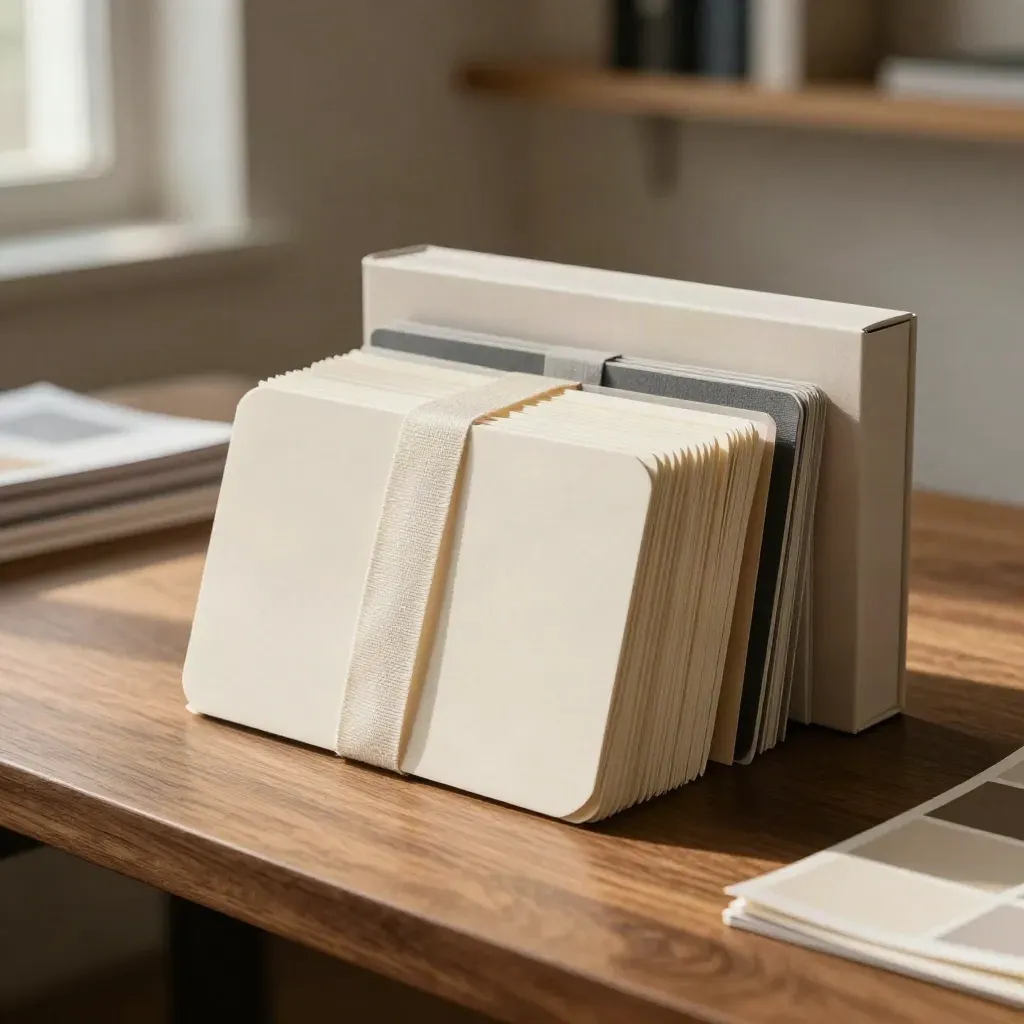 Kit de positionnement d’offre avec cartes ivoire, ruban et boîte à onglets sur bois chaud.