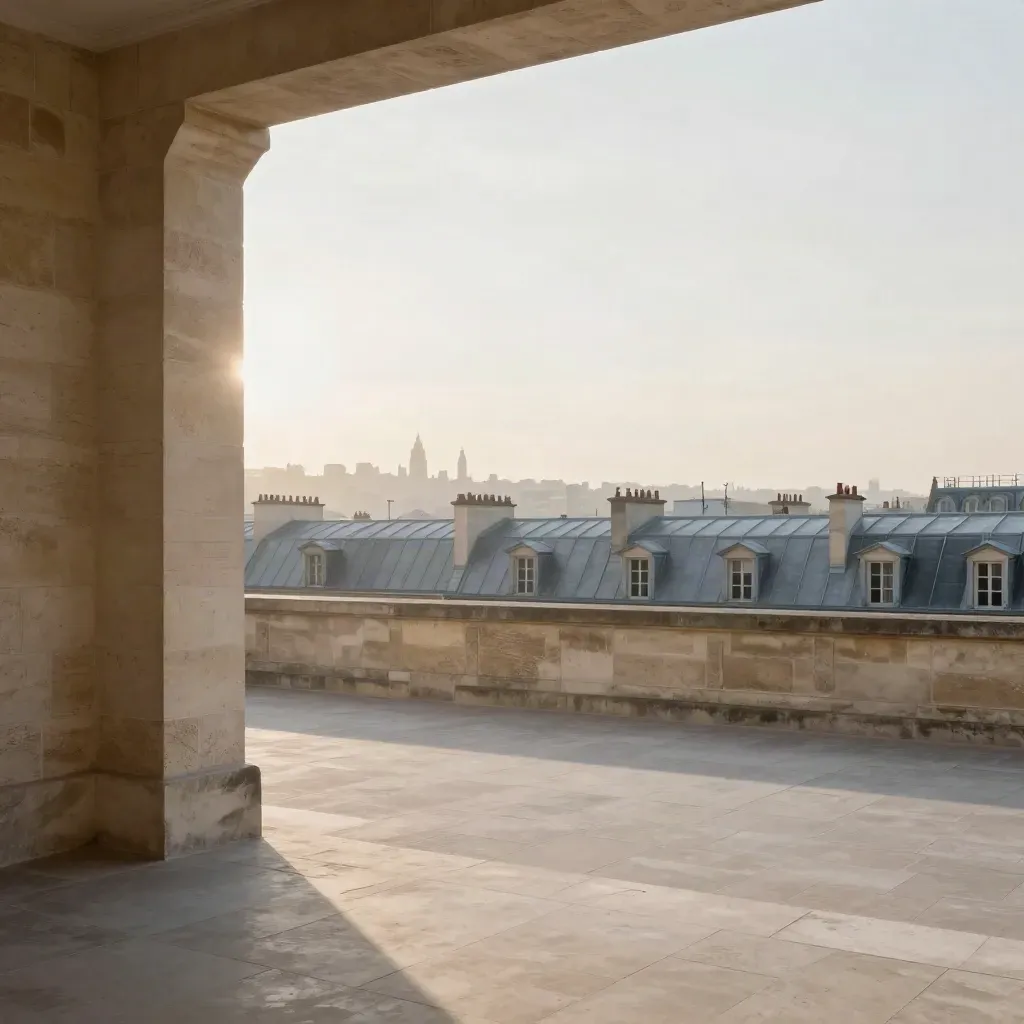 Toits pâles d’Île-de-France au lever du jour, horizon urbain doux dans une brume dorée.