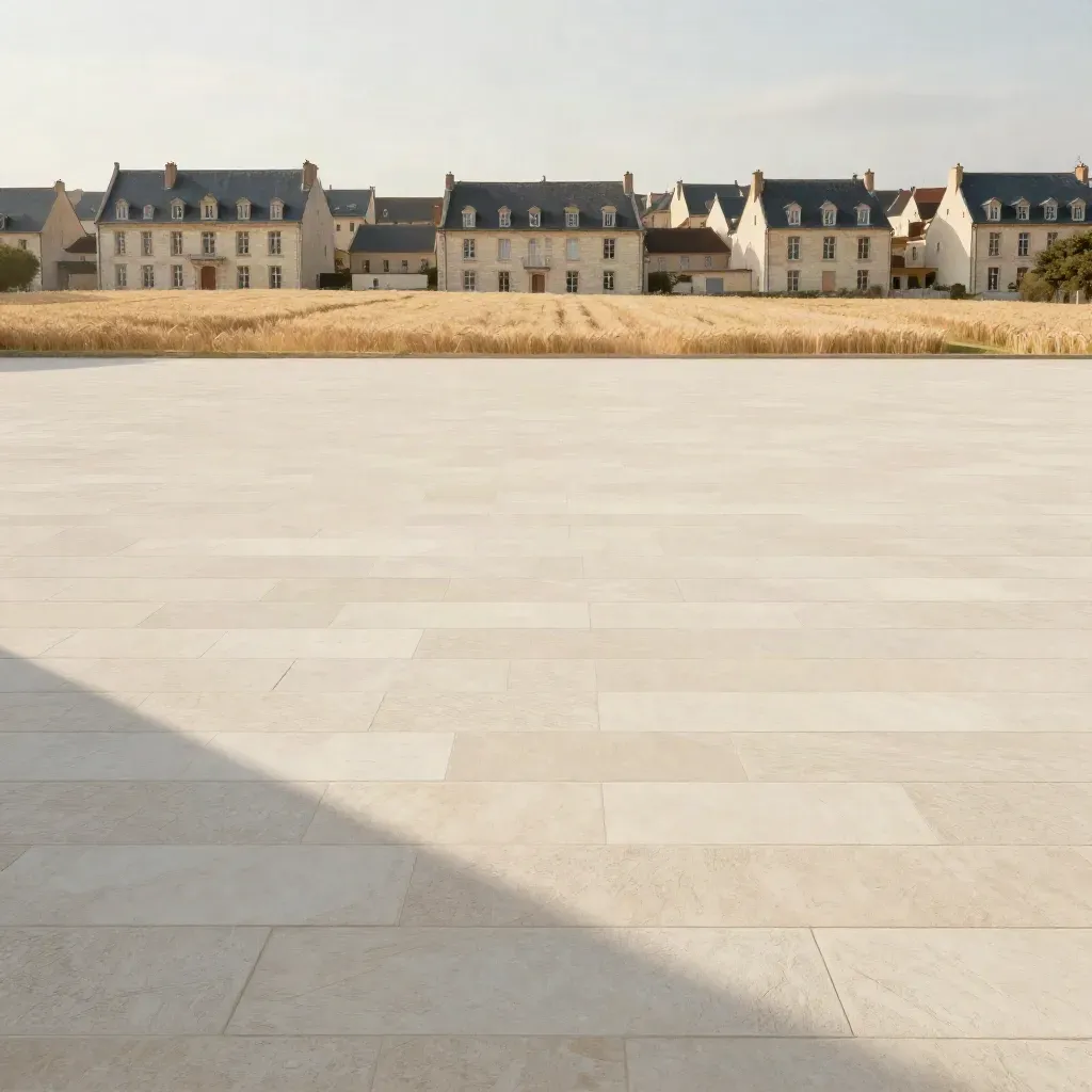 Horizon de France en pierre claire et toits discrets, fond calme en lumière chaude
